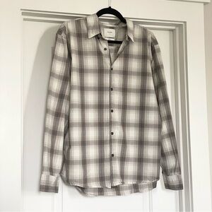 Billy Reid Men's Gray and Ivory  Plaid Cotton Long Sleeve Button-Up Shirt Size L